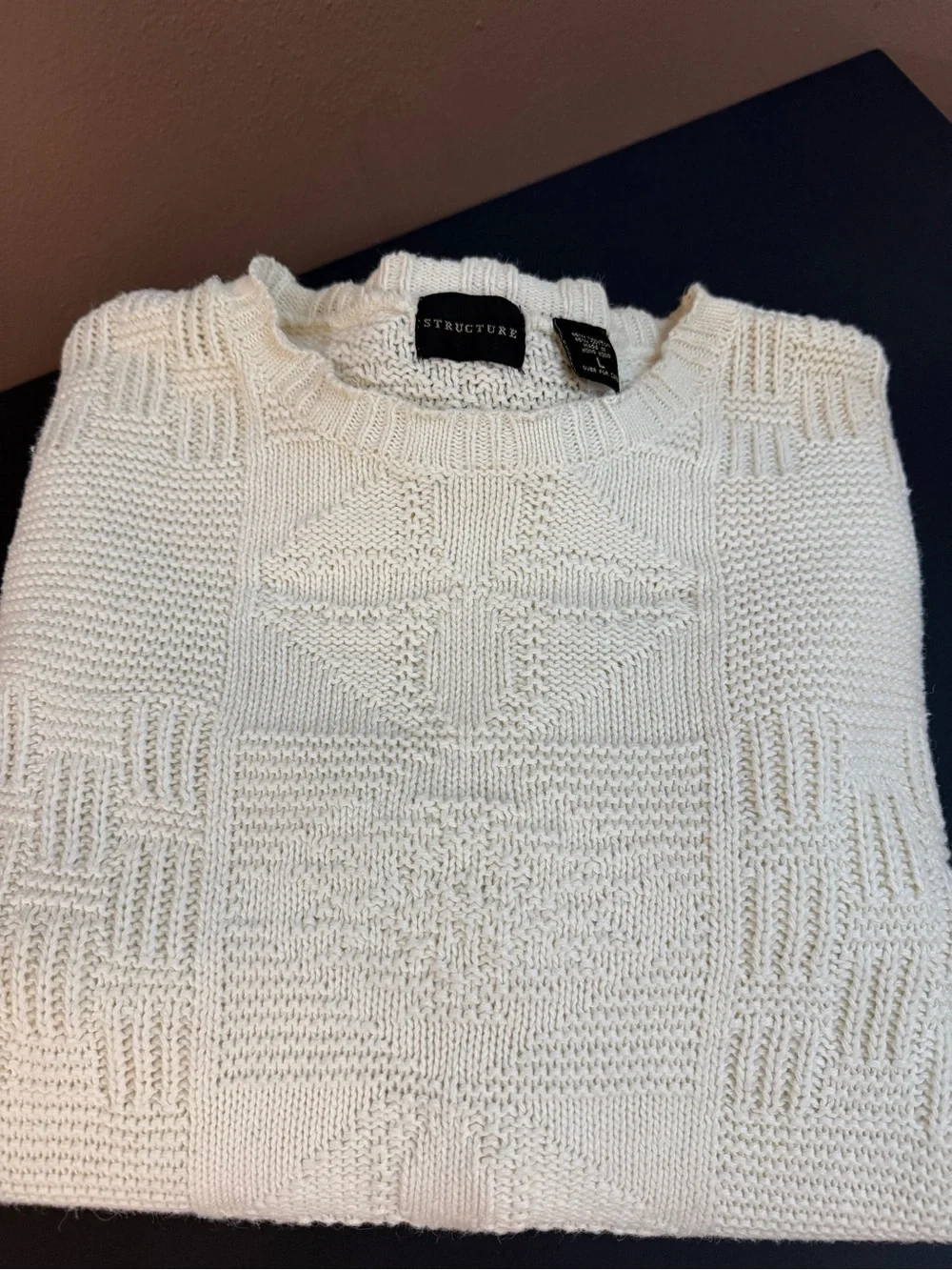 VINTAGES 90’s Structure Men’s  Ivory Cotton Knit Textured Crewneck Sweater L